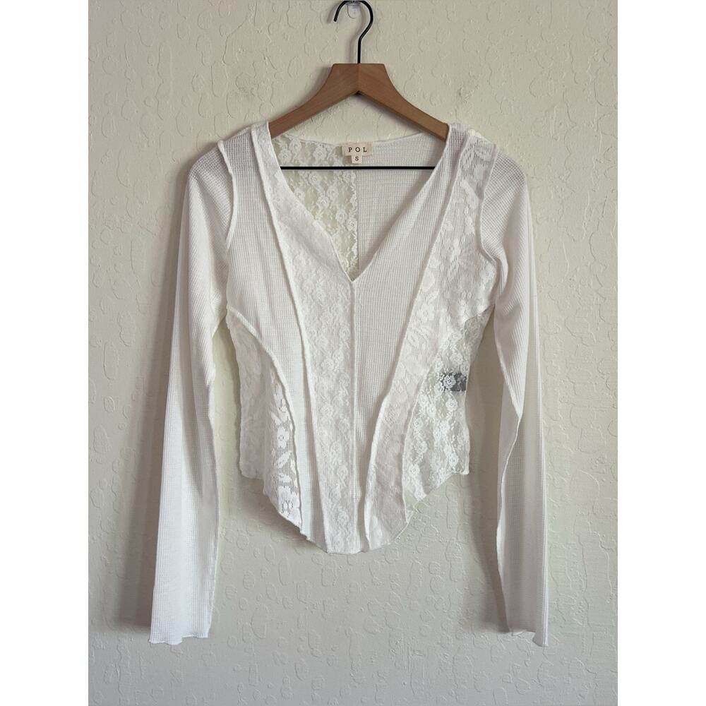 POL Isabella Waffle Thermal Raw Seam Sheer Lace Long Sleeve Top Small White Boho - Picture 8 of 12